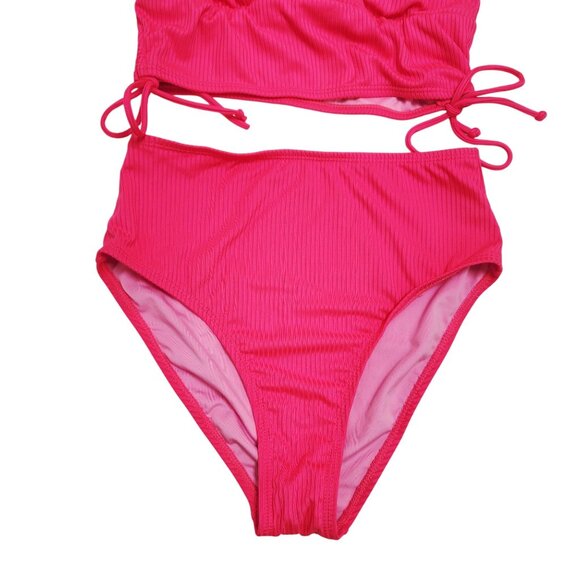 Hot Pink Womens Ribbed Halter High-Waisted Bikini Set Adjustable Ties Size M - Picture 5 of 5